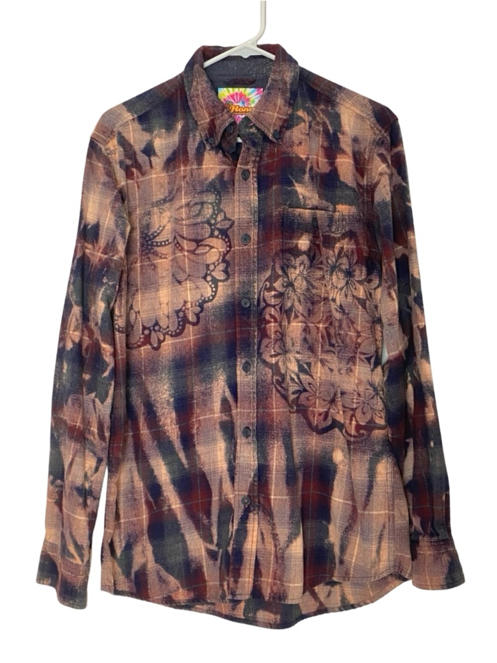 Upcycled Flannel Shirt Mens Size Medium Unisex Floral Bleached Handmade Blue Red